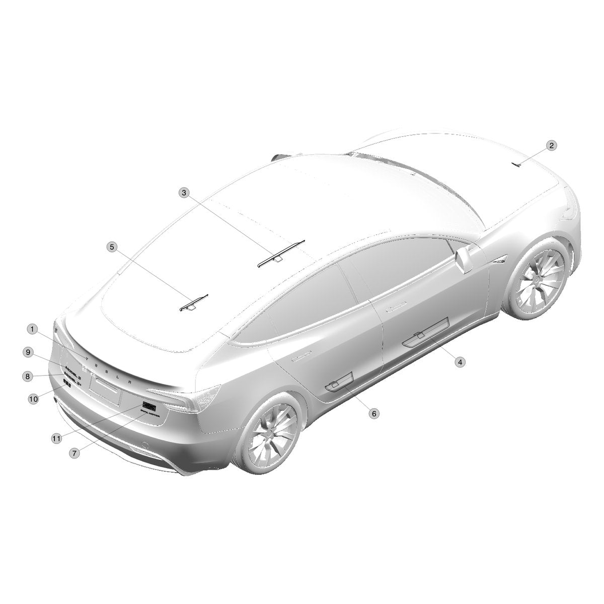 Tesla Model 3 Highland Badges parts diagram