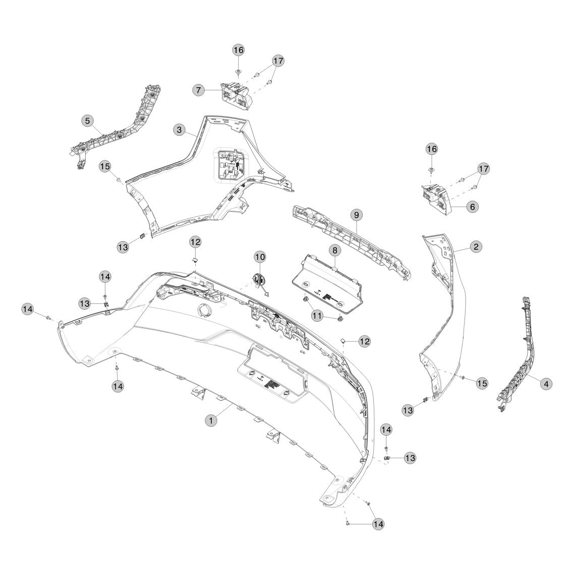 Tesla Model Y Juniper Rear Bumper Fascia parts diagram