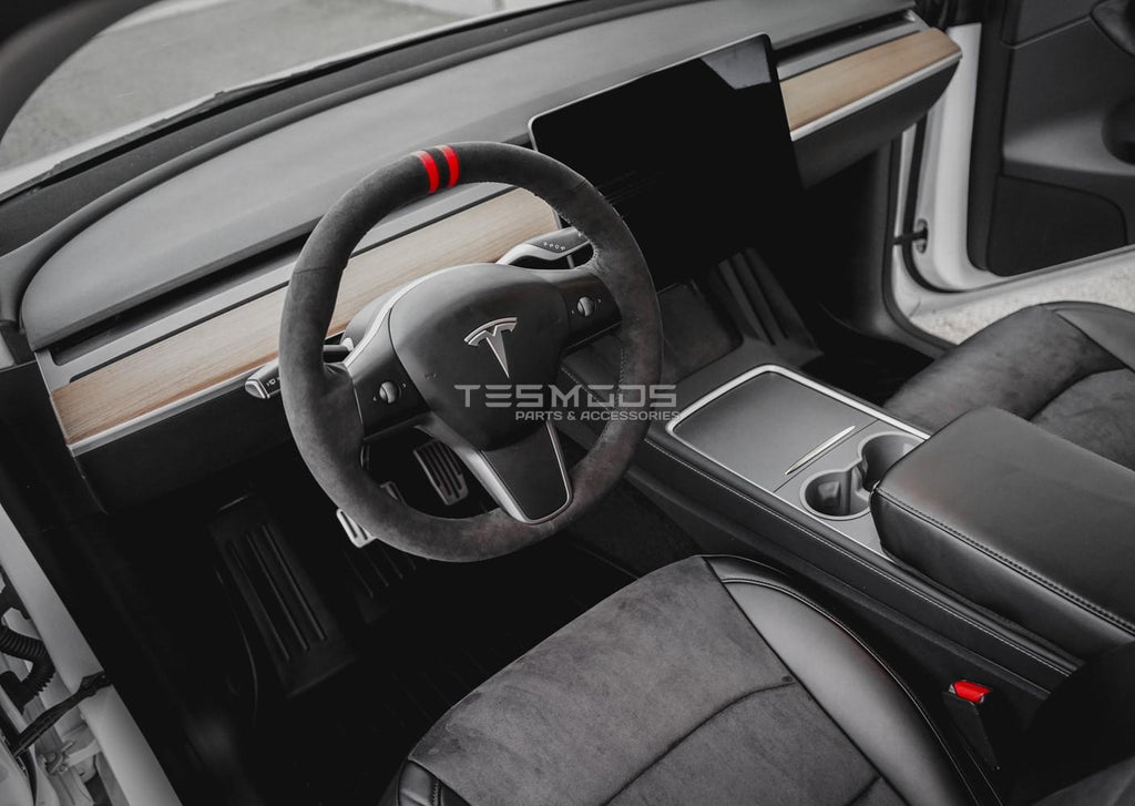 Model Y Steering Wheel Cover – Hand Stitch – Black Suede