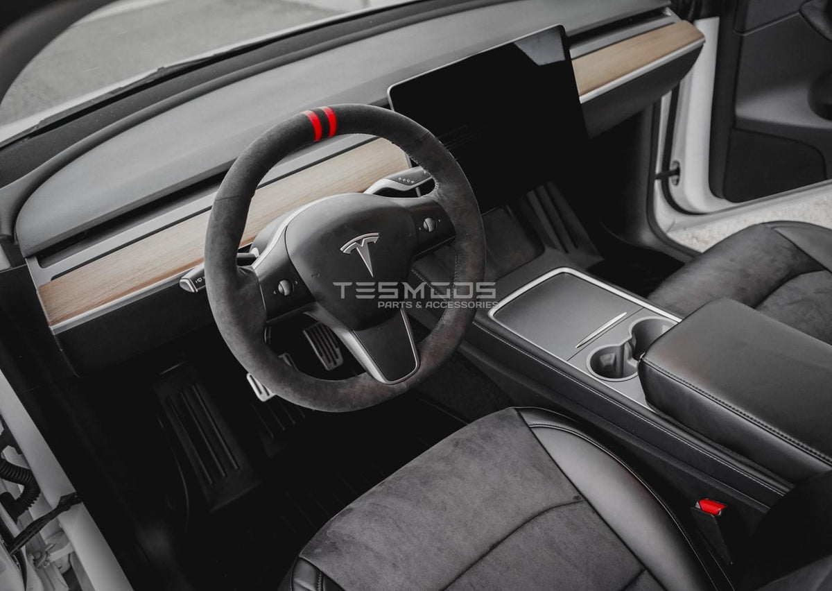 Model Y Steering Wheel Cover – Hand Stitch – Black Suede