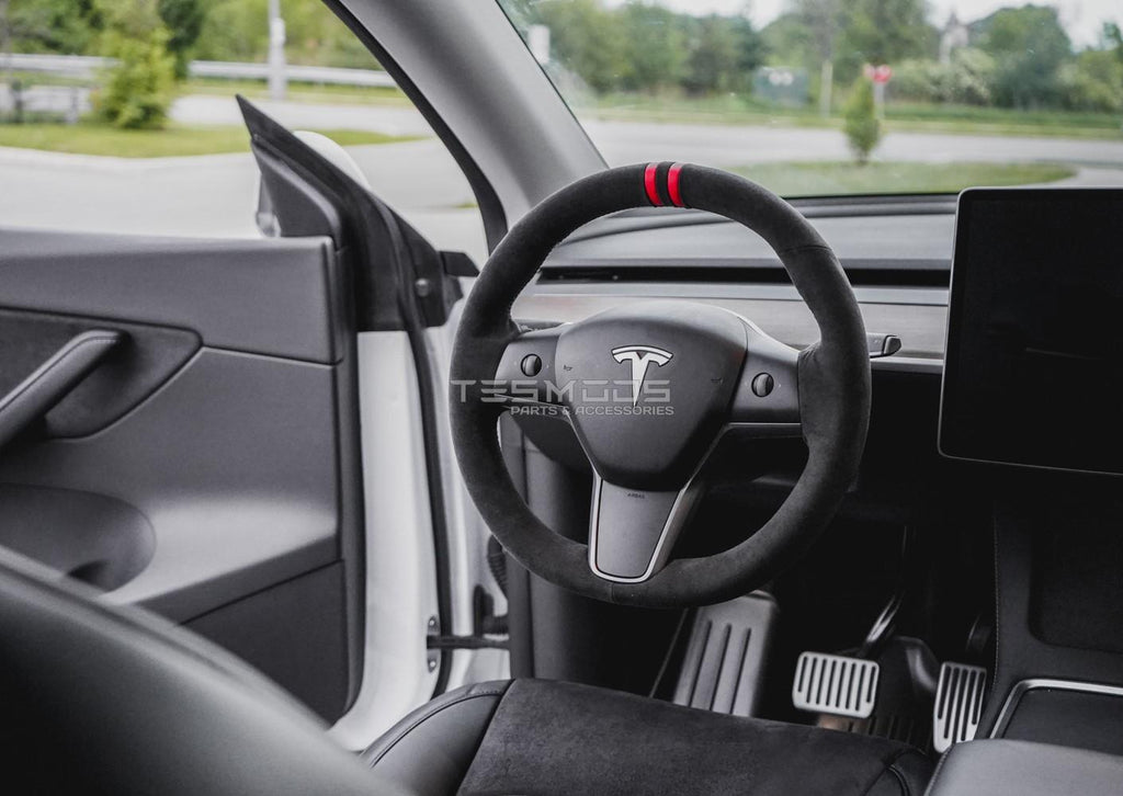 Model Y Steering Wheel Cover – Hand Stitch – Black Suede