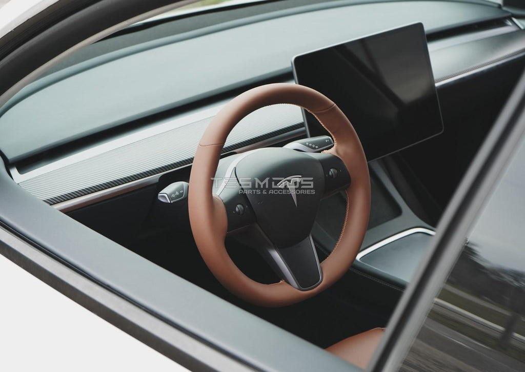 Model Y Steering Wheel Cover – Hand Stitch – Saddle Tan